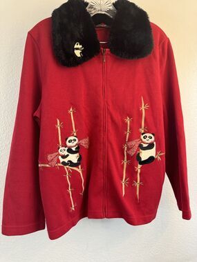 Vintage Onque Casuals Red Panda Jacket Faux Fur Collar Brooch Large Hong Kong